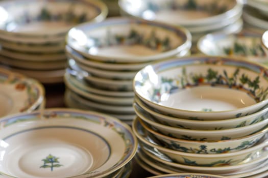 A table is loaded with a variety of plates and bowls. Some plates are stacked, while others are neatly arranged in rows. The bowls come in different shapes and sizes, adding visual interest to the scene.