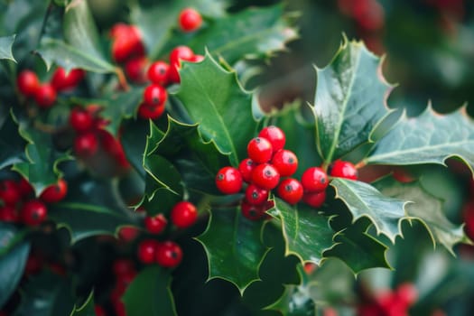 A holly bush in full bloom, showcasing vibrant red berries against the backdrop of lush green leaves. The berries glisten in the sunlight, adding a pop of color to the bush.