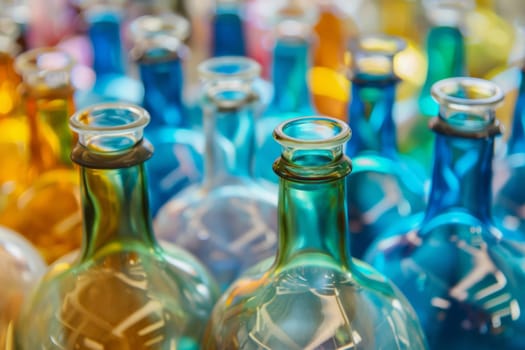 A group of colorful glass bottles is arranged neatly next to each other. Each bottle varies in hue, adding a vibrant and eye-catching display.