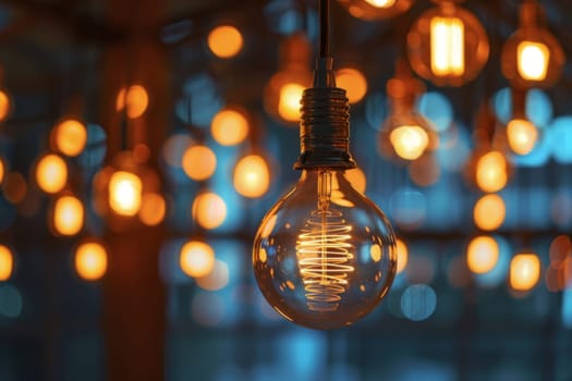 Numerous light bulbs are suspended from the ceiling, illuminating the space with their bright glow. They are neatly arranged in rows, creating a visually striking display that adds both functionality and aesthetic appeal to the room. The bulbs are of various shapes and sizes, casting a warm and inviting light throughout the area.