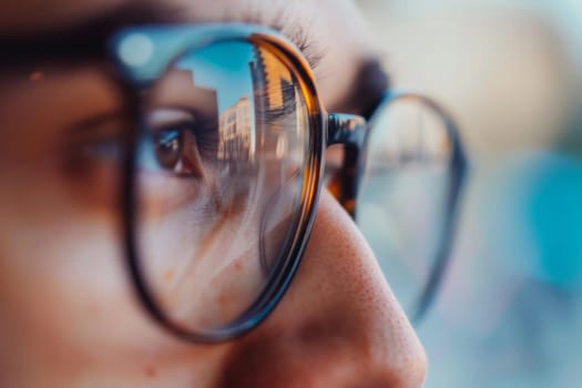 A detailed view of a person with glasses, showcasing the frames and lenses. The individuals facial features are visible, including eyes behind the glasses.