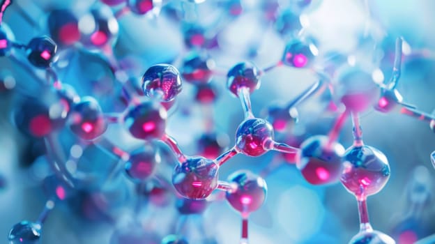 This close-up view showcases a bunch of blue and pink balls clustered together. The balls are vibrant in color and varied in size, creating an interesting visual contrast.