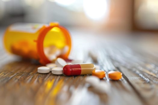 A detailed view of a single bottle of pills placed on a wooden table, with a focus on the label and contents within. The bottle stands upright, with the cap securely closed.