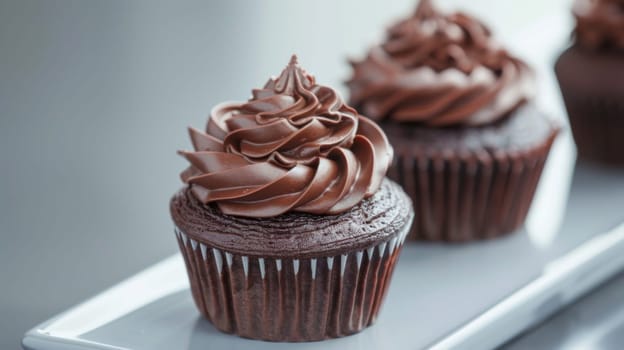 Two chocolate cupcakes topped with rich chocolate frosting are displayed on a clean white plate. The cupcakes are perfectly frosted and look delicious.