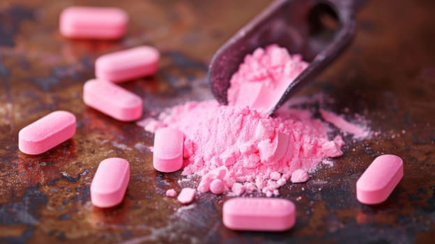 A spoon is shown scooping pink powder out of a pan. The powder is being carefully lifted by the spoon, creating a small mound on its surface.
