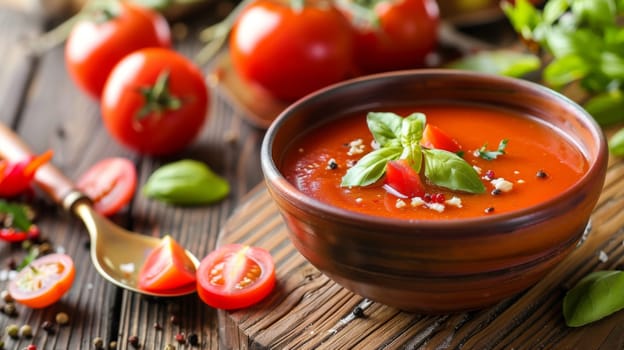 A bowl filled with hot tomato soup sits on a rustic wooden table. The steam gently rises from the soup, indicating its warmth. The tables grains and texture add a natural element to the scene.