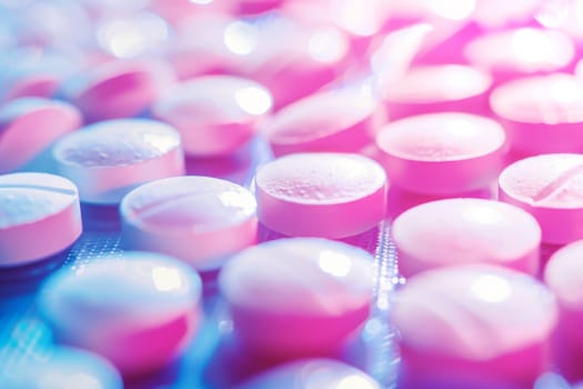 A close-up view of numerous pink and white pills arranged in a random pattern. The pills are assorted in size and shape, creating a visually interesting composition. The focus is on the pills colors and textures, revealing details of pharmaceutical medication.