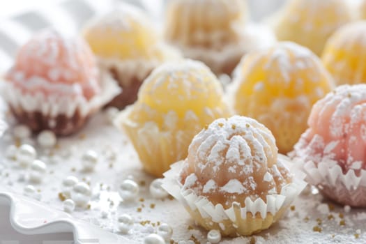 A detailed view of a plate filled with assorted desserts, such as cakes, pastries, and cookies, all generously dusted with powdered sugar. The white powder creates a visually appealing contrast against the colorful assortment of sweet treats.