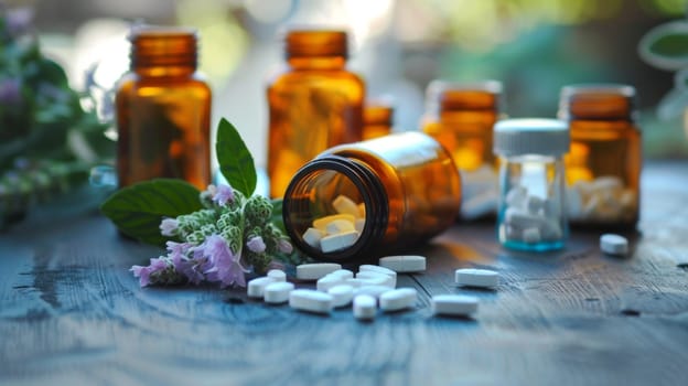 A table is covered with numerous bottles filled with a variety of pills of different shapes, sizes, and colors. The bottles are neatly arranged and labeled, showcasing a vast array of medications.