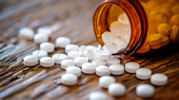 A bottle containing multiple white pills is placed atop a rustic wooden table. The pills are neatly organized within the bottle, creating a stark contrast against the tables textured surface.