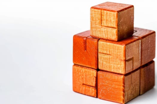 A close-up view of a wooden toy, showcasing its intricate details and texture, placed on a plain white surface. The toy appears well-crafted and balanced, with visible grains of the wood.