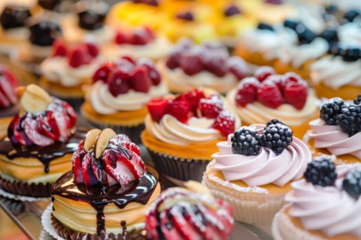 A collection of various cupcakes with different frosting and toppings sitting neatly on a wooden table, ready to be enjoyed. The cupcakes are colorful and enticing, making them a delightful treat for any occasion.