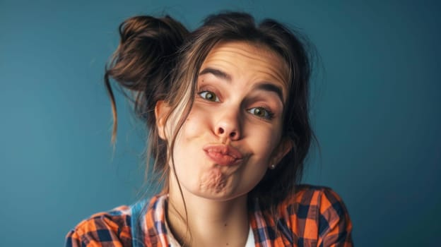 A woman is playfully sticking out her tongue and making a funny face. She appears to be joking around and having a good time, expressing a light-hearted and humorous moment.