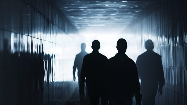 A group of individuals are walking down a dimly lit hallway, their silhouettes barely visible against the shadows. The hallway is long and narrow, creating a sense of confinement and mystery as they move forward towards an unknown destination.