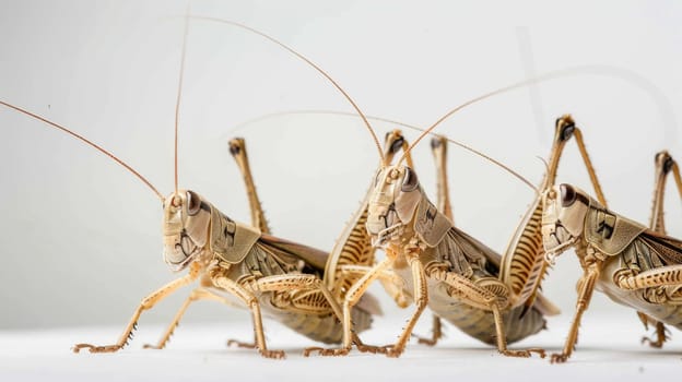 A group of grasshoppers, several of them on a grassy surface, are seen standing closely next to each other. They appear motionless in this moment, showcasing their unique body structures.