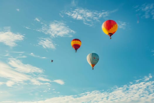 A collection of hot air balloons soaring gracefully through a clear blue sky. The colorful balloons are filled with hot air, lifting them high above the ground as they drift in the wind.