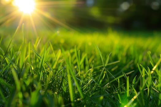 The bright sun shines through lush green grass on a clear day, illuminating the blades with a warm light.