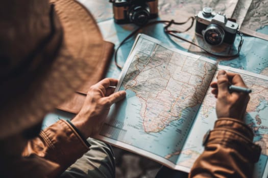 A person standing outdoors, looking intently at a map spread out in front of them. They are holding a camera, possibly planning their next photography location or documenting their journey. The individual seems focused and engaged in their exploration and navigation.