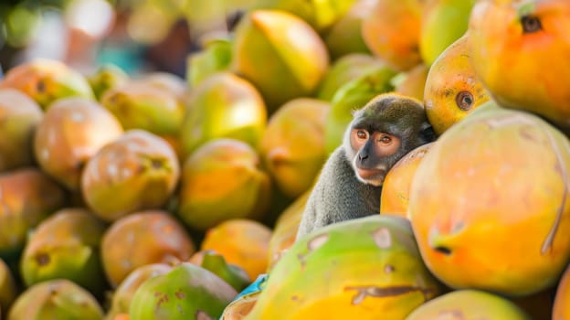 A monkey is perched atop a pile of various fruits, including bananas, apples, and oranges. The primate appears to be curiously inspecting the colorful array of produce.