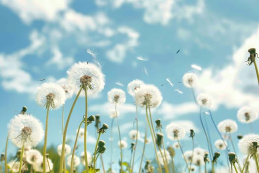 A field of dandelions, their fluffy seeds billowing in the wind, creating a mesmerizing sight as they scatter across the landscape.