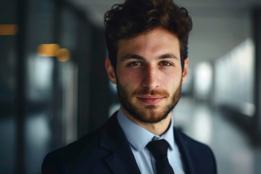 A man with a beard, dressed in a formal suit and tie, is standing confidently in a professional setting. His attire exudes sophistication and professionalism, making a strong and elegant statement.