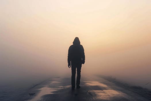 A lone figure stands in the center of a fog-covered road, surrounded by thick mist. The road stretches into the distance, disappearing into the haze.