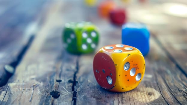 A group of colorful dices are arranged neatly on top of a wooden table. Each dice displays different numbers and colors, creating a vibrant and playful scene.