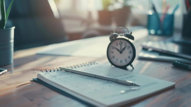An alarm clock is placed on a wooden table, showing the time with its hands pointing at a specific hour. The clocks design features a classic round shape with a white face and black numbers. The wooden table has a smooth finish with visible grain patterns.