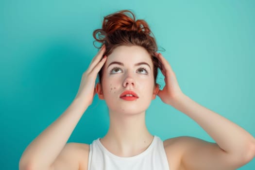 A woman is seen holding her hair up to her head, appearing to be adjusting her hairstyle or fixing it in place. She is focused on her task and her gesture suggests grooming or styling her hair.