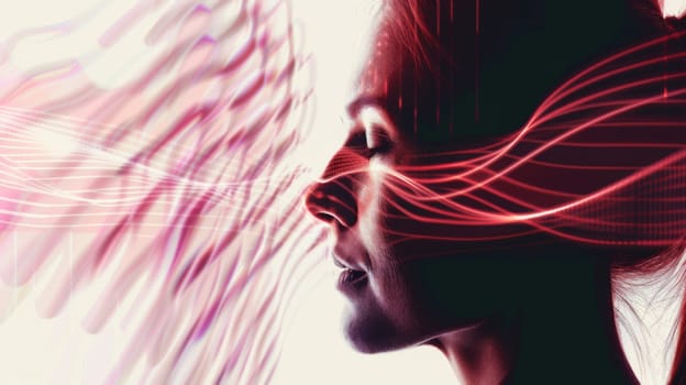 A profile of a woman is shown against a backdrop of intersecting red lines, creating a dynamic and visually striking contrast. The womans features are accentuated by the bold lines behind her, drawing the viewers attention to her silhouette.