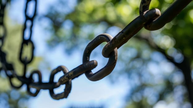 A close-up view of a thick metal chain hanging down from a tree branch, with rust visible on its surface. The chain sways gently in the breeze, creating a stark image against the natural backdrop.