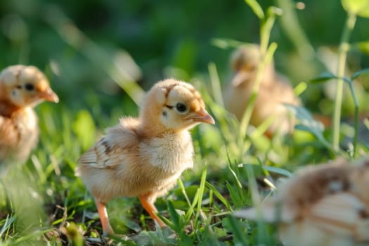 A group of small chickens are standing on top of a lush green field. The chickens appear to be walking around and pecking at the ground, surrounded by vibrant green grass.