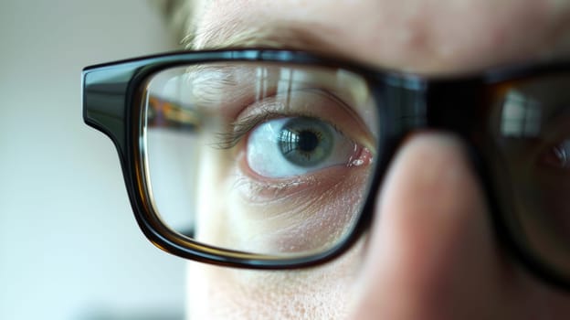 A detailed view of a persons face wearing glasses, showing the frame and lenses up close. The persons features and expression are visible behind the glasses.