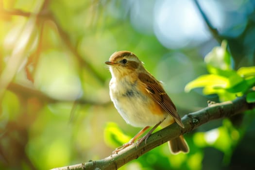 A small bird is perched on a tree branch, blending in with its surroundings. The bird appears alert and may be observing its surroundings. The branch is sturdy and provides a secure spot for the bird to rest.