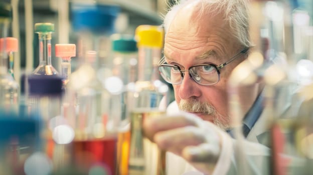 A man in a lab coat is carefully examining a metal pipe in a laboratory setting. He appears focused and attentive, possibly conducting an experiment or troubleshooting.