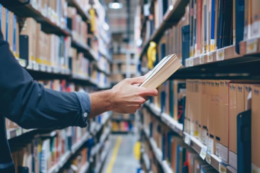 A person is standing in a library, holding a book in their hand. The library shelves are filled with books, and the person appears focused on the book they are holding.