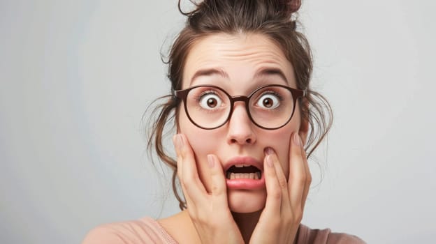 A woman wearing glasses is shown with a surprised expression on her face. Her mouth is slightly open, eyebrows raised, and eyes widened in astonishment.