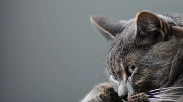 A close-up view of a domestic cat with its paw resting on a window sill. The cats fur is visible, and its paw is pressed against the glass surface.