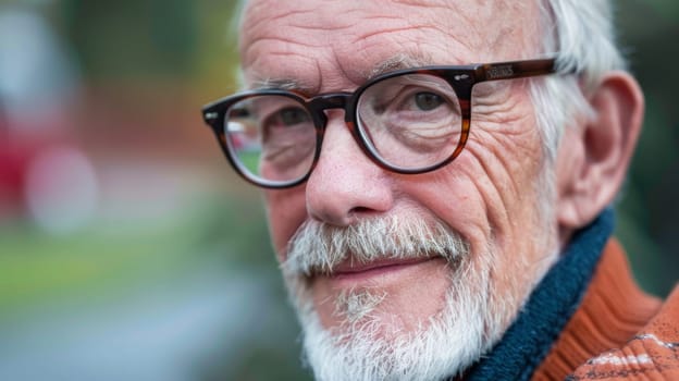 An older man, wearing glasses and a cozy sweater, is sitting comfortably in a chair. His expression is thoughtful as he reads a book, with a pair of reading glasses perched on his nose.
