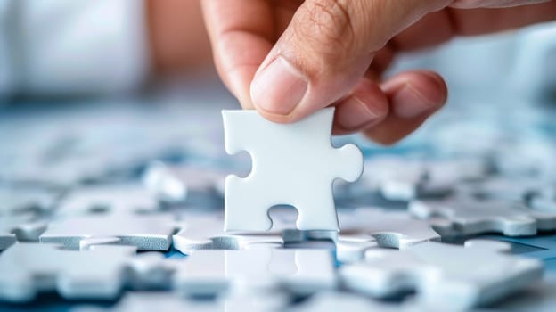 A person is seen placing a single puzzle piece into the puzzle, focusing intently on completing the image. The puzzle board is partially filled with other pieces, showing progress being made on the puzzle.