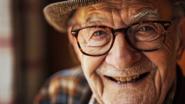 An elderly man wearing glasses and a hat is depicted in the photograph. The man appears to be looking off into the distance, deep in thought. His weathered features hint at a life full of experiences and wisdom.