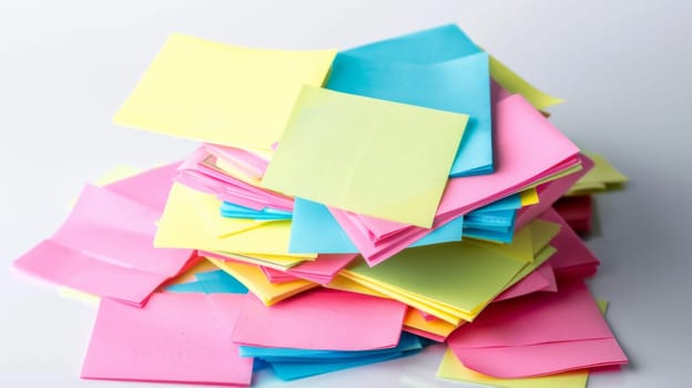 A group of colorful sticky notes arranged in a pile on top of a wooden table. Each note is covered in various handwritten messages and reminders.