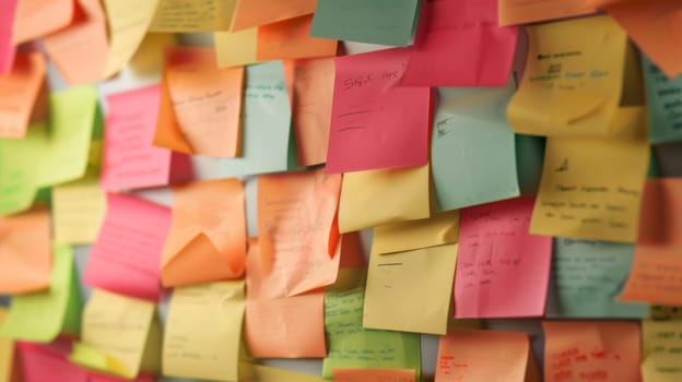 A wall covered in various colorful post it notes, creating a mosaic-like pattern. The notes are filled with handwritten messages, reminders, and to-do lists. The wall is filled from top to bottom with the notes, organized in a chaotic yet structured manner.