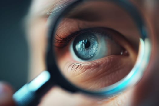 A person is examining an object through a magnifying glass, focusing intently on the details and textures. The magnifying glass enlarges the object, allowing for a closer inspection.