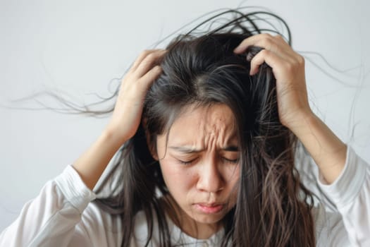 A woman is shown holding her hair in her hands, with a focused expression on her face. She appears to be inspecting her hair or possibly styling it in some way, with her hands positioned close to her head.