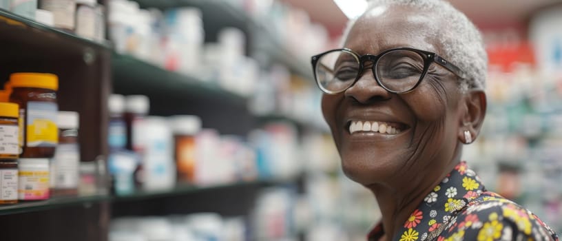 A senior woman attentively choosing medicine from a pharmacy shelf, showcasing careful decision-making in health management