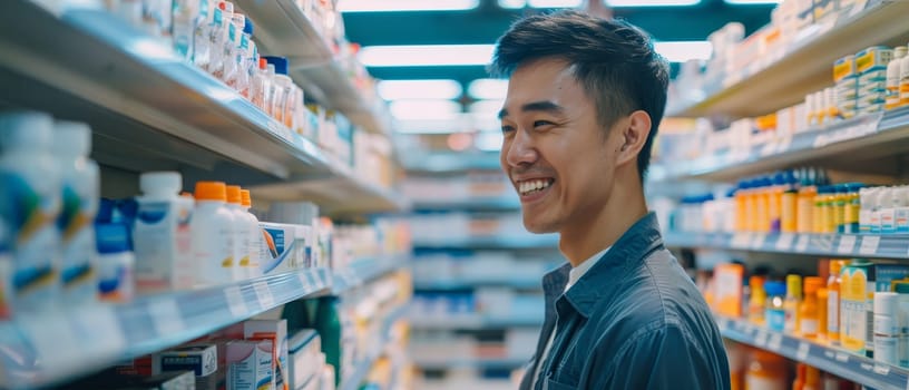 Asian man in casual attire grinning while looking at pharmacy products, feeling content with the diverse options available