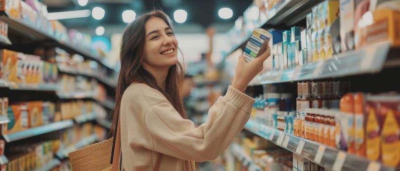 Cheerful young woman with a pleasant demeanor choosing products in a pharmacy, her positive attitude enhancing the shopping experience