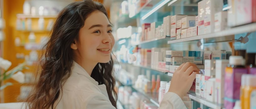 A content young woman in a stylish outfit smiles as she shops in a drugstore, the variety of products reflecting her satisfaction