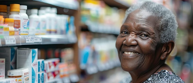 An elderly shopper in a pharmacy, browsing with a contented smile, suggesting a responsible approach to health